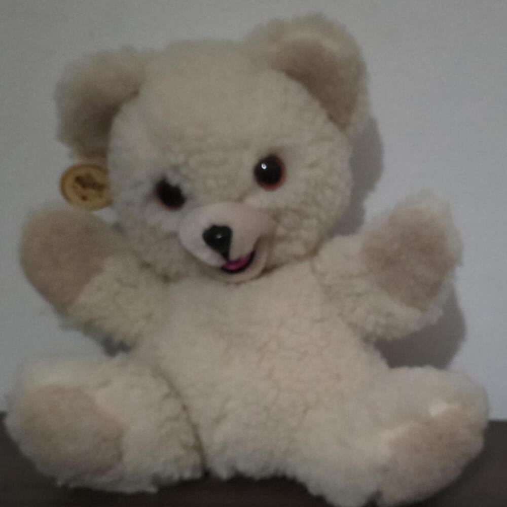 snuggles teddy bear hand puppet with brown eyes and a pink mouth #teddybear #plu